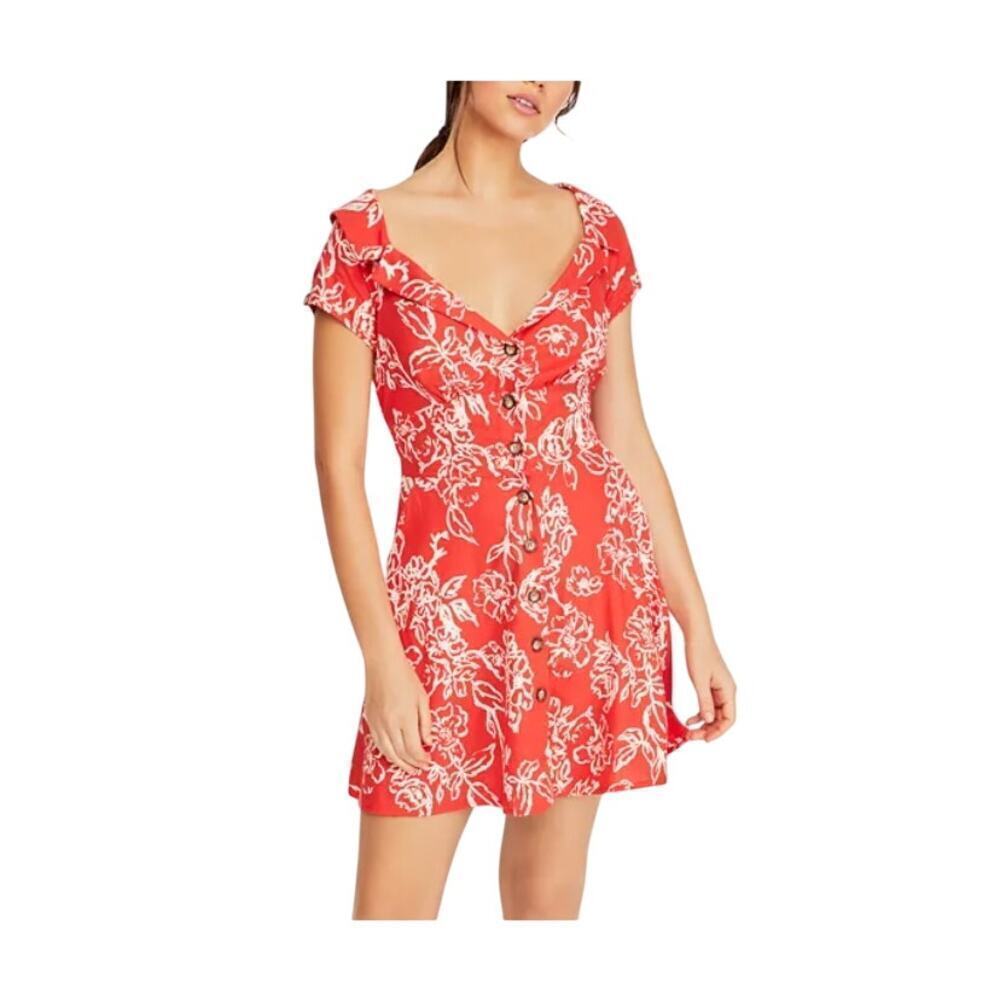 Free People mini dress Linen Blend Florral Red Sz 4 Vacation Resort Casual Chic